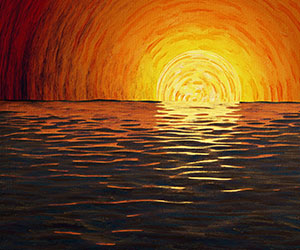 Abstract sunset (red, orange) reflected on wavy water (tunnel effect)