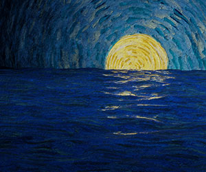 Golden moon sets over dark sea (swirling sky, water)