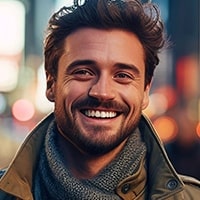 Smiling man in city at night (lights)